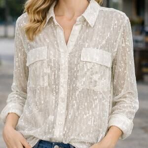 Jeannie Mai X INC Sheer Sequin Oversized  Long Sleeve Shirt NWT XL